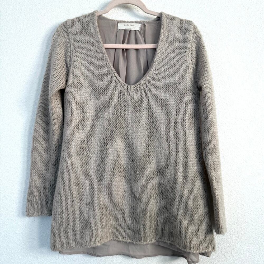 ZARA Knit‎ Layered Sweater Tunic Taupe Chunky V Neck Cozy Minimalist M Soft Girl